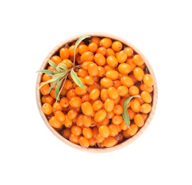 Photo of Fresh ripe sea buckthorn berries in bowl isolated on white, top view