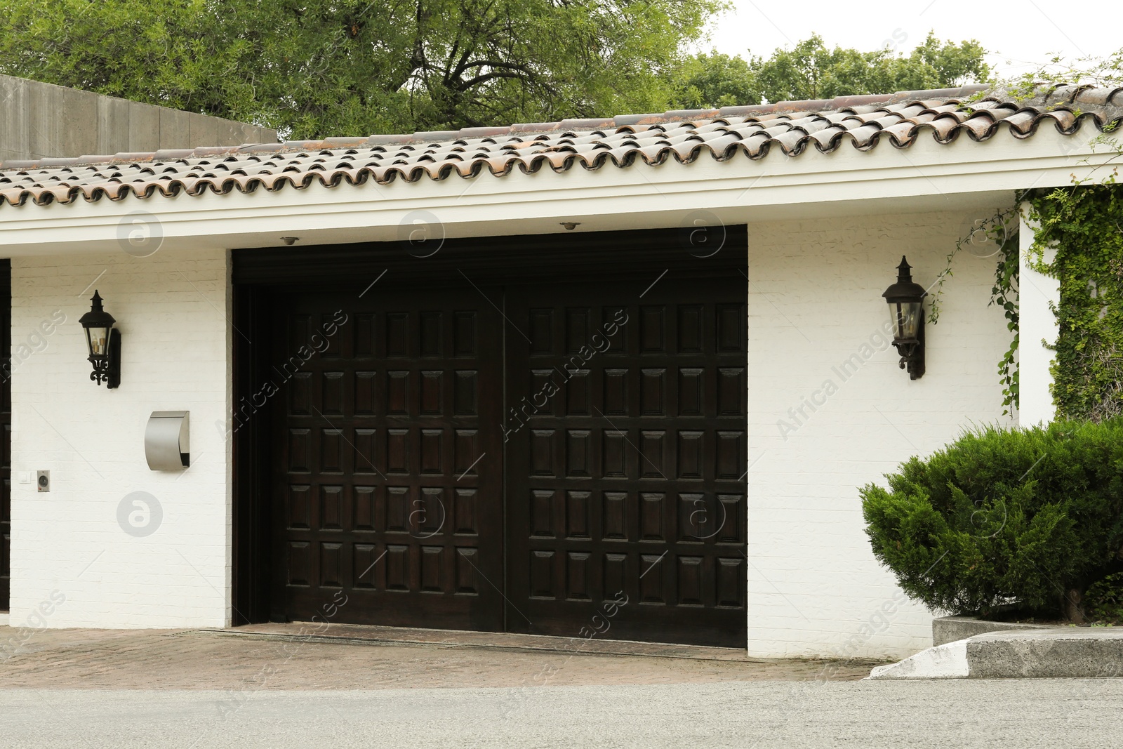 Photo of White wall with beautiful black gates. Exterior design