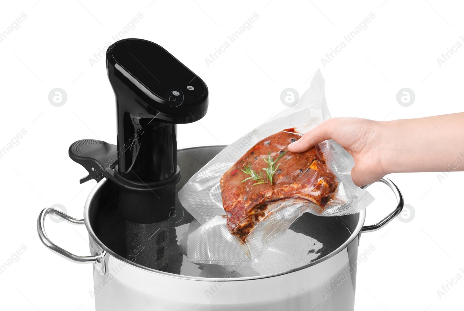 Photo of Woman putting vacuum packed meat in pot with sous vide cooker on white background, closeup