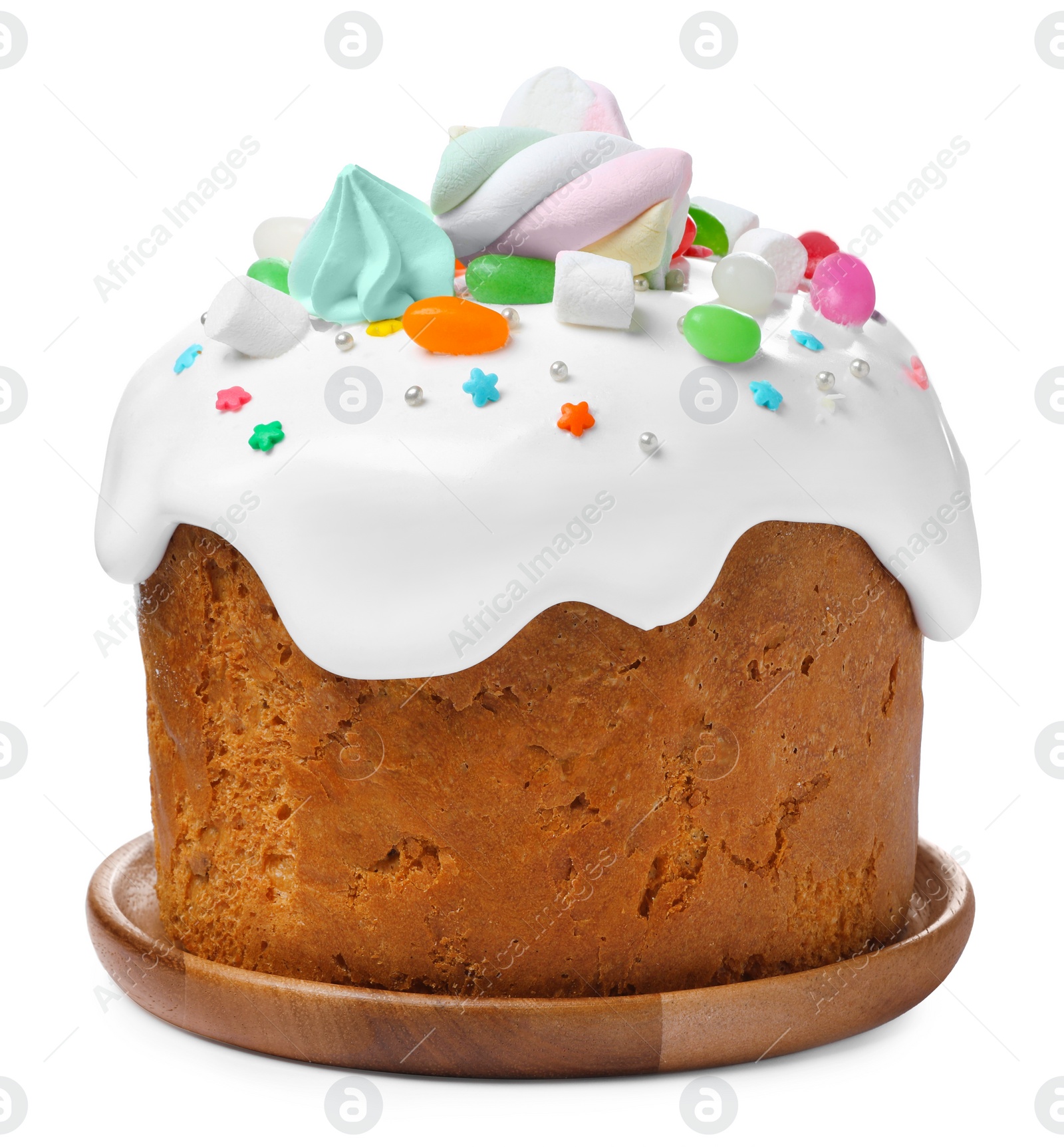 Photo of Traditional Easter cake decorated with sprinkles, jelly beans and marshmallows isolated on white