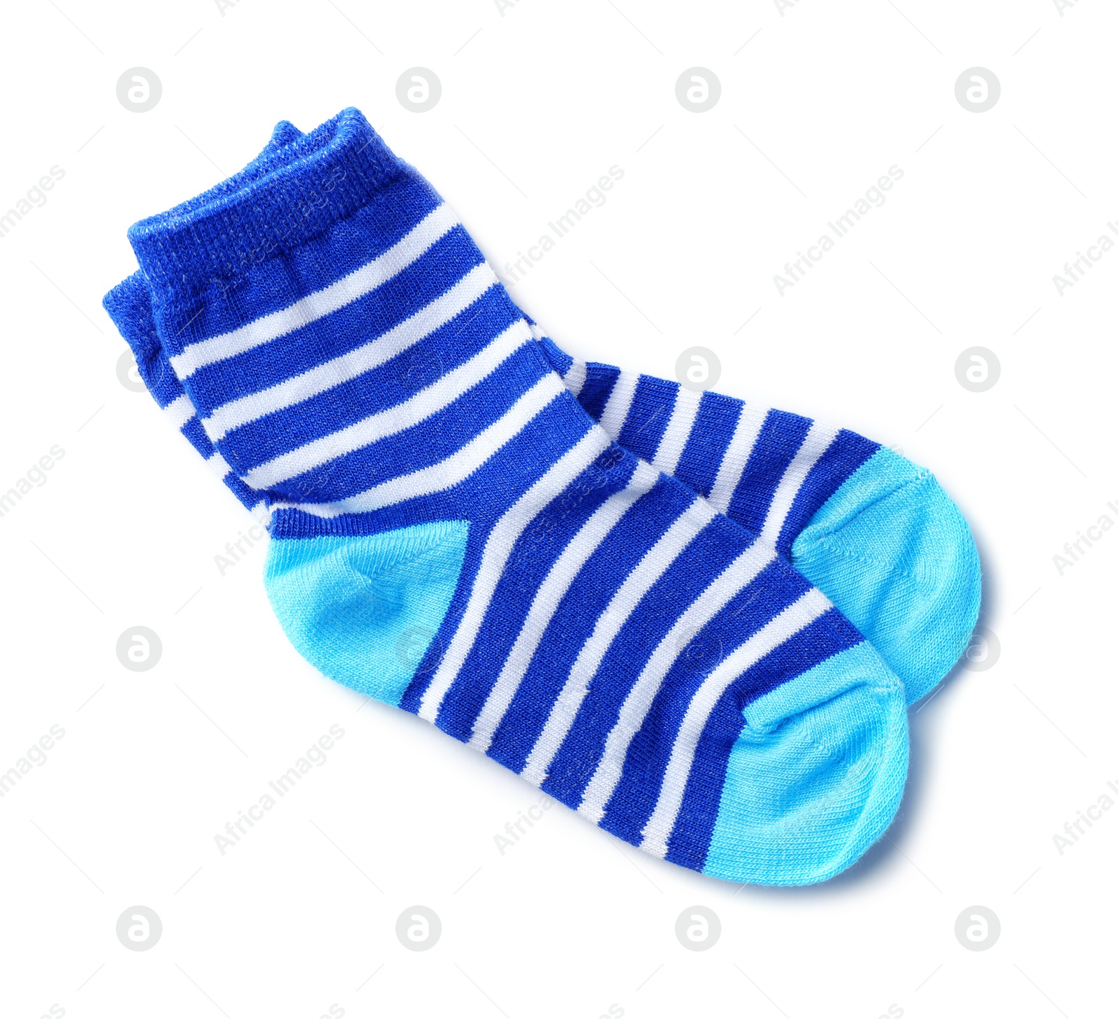 Photo of Cute child socks on white background, top view