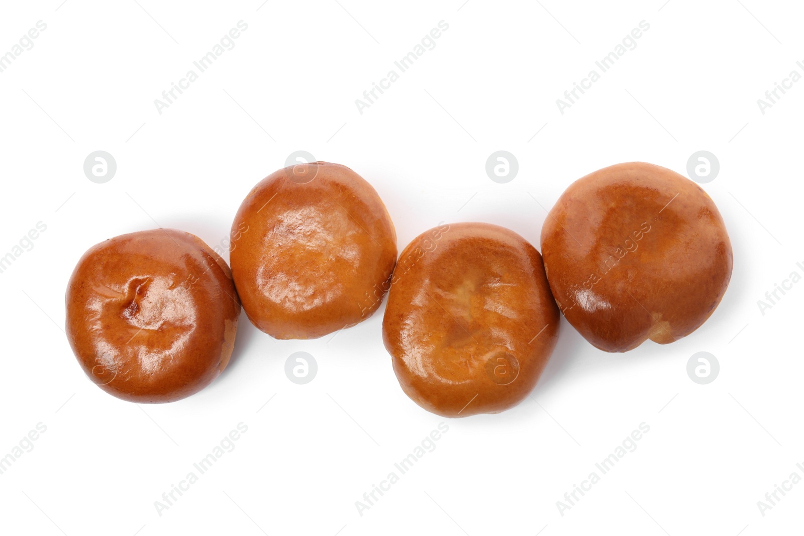 Photo of Delicious baked pirozhki on white background, top view