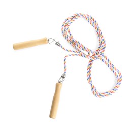 Colorful skipping rope with wooden handles isolated on white, top view