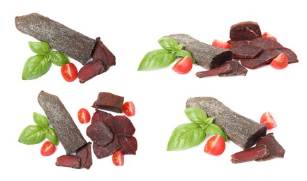 Image of Set with delicious dry-cured basturma on white background 