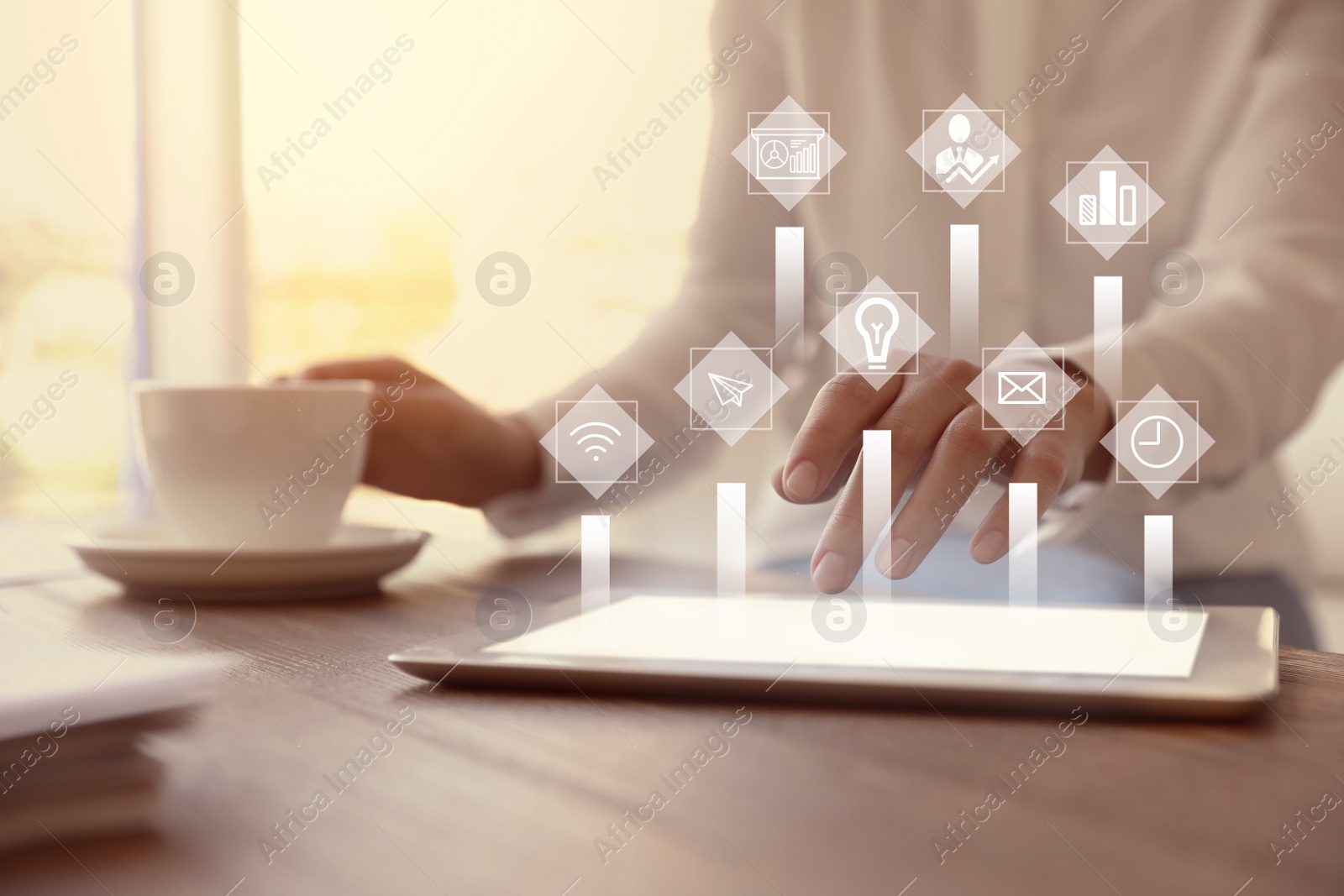 Image of Business plan. Virtual screen with different icons and woman using tablet, closeup 