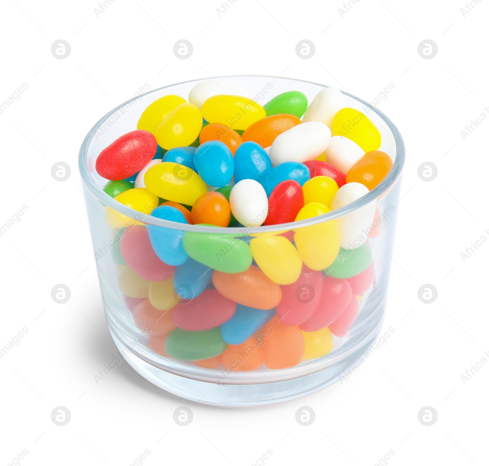 Photo of Glass of delicious color jelly beans isolated on white