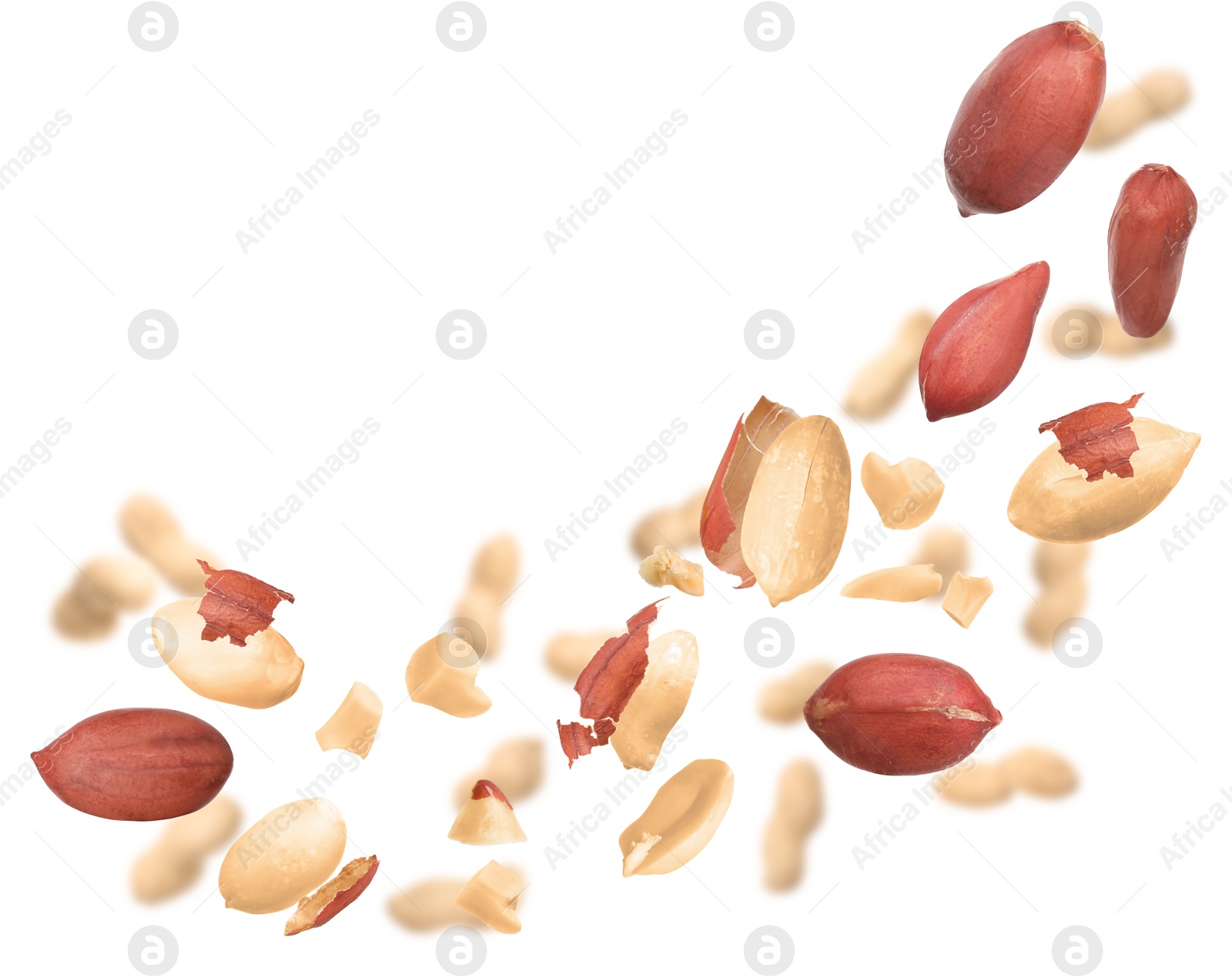 Image of Unpeeled peanuts in air on white background