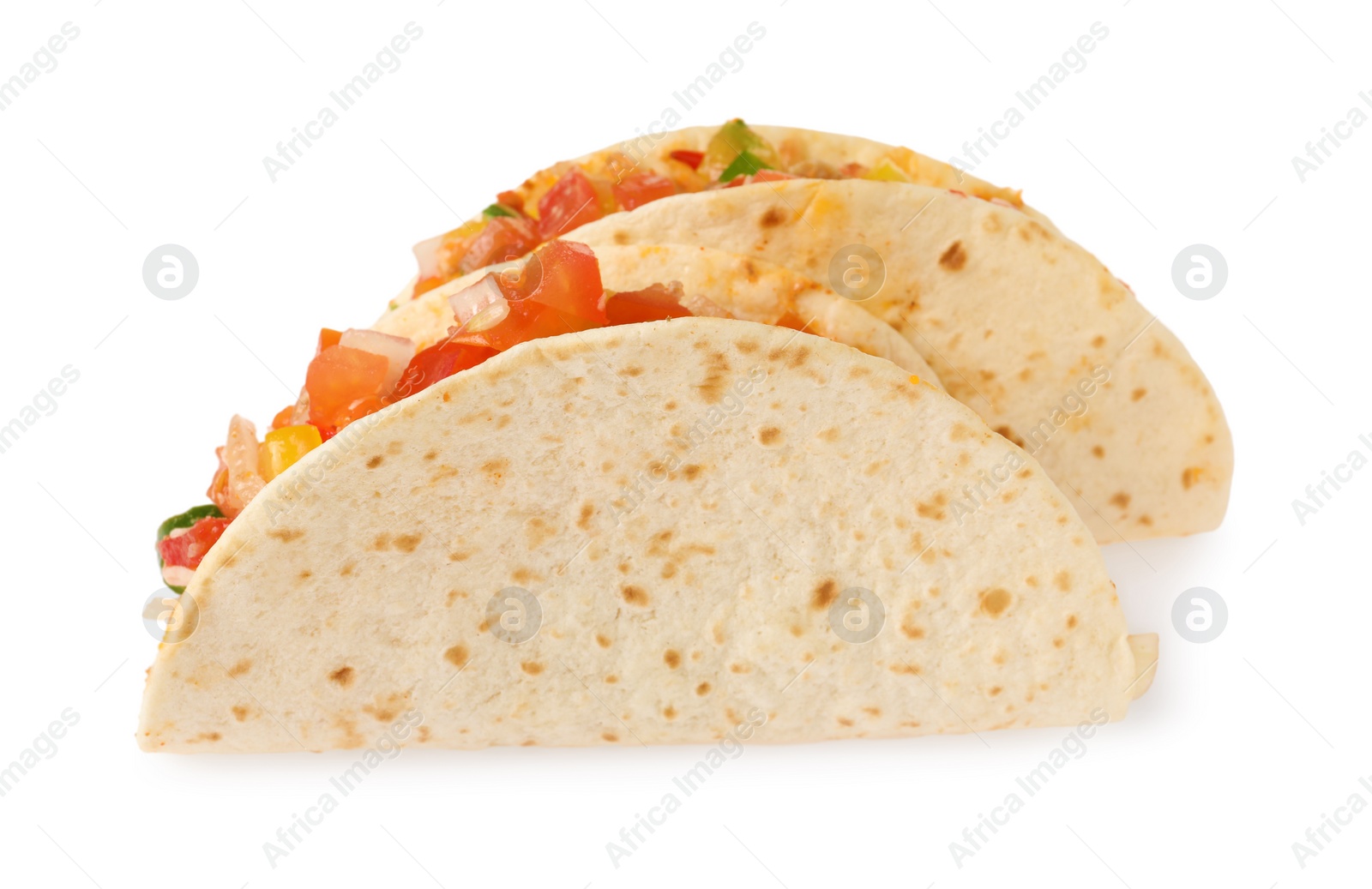 Photo of Delicious tacos with vegetables isolated on white