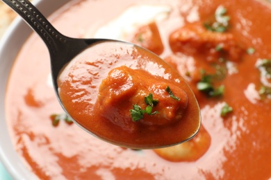 Photo of Spoon with tasty butter chicken over bowl of meal, closeup. Traditional Murgh Makhani dish