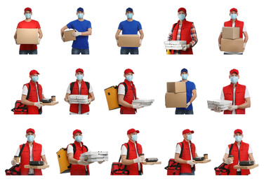 Image of Collage with photos of courier in protective mask holding orders and boxes on white background. Delivery service during coronavirus quarantine