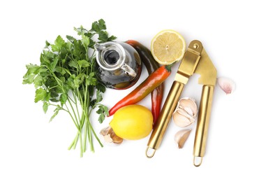 Photo of Different fresh ingredients for marinade and garlic press on white background, top view