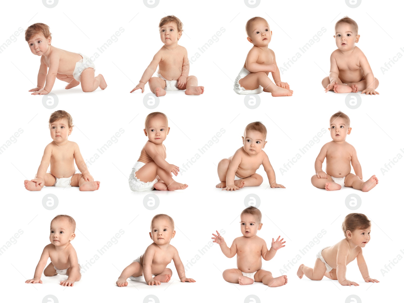 Image of Collage of cute little babies on white background