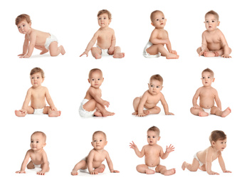 Collage of cute little babies on white background