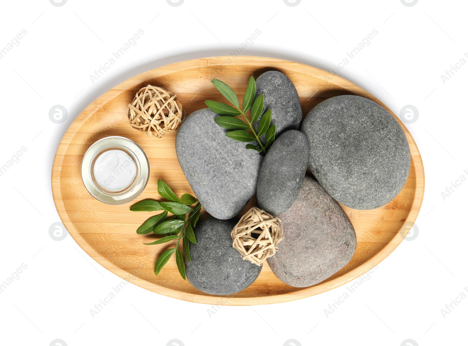 Photo of Composition with spa stones on white background, top view