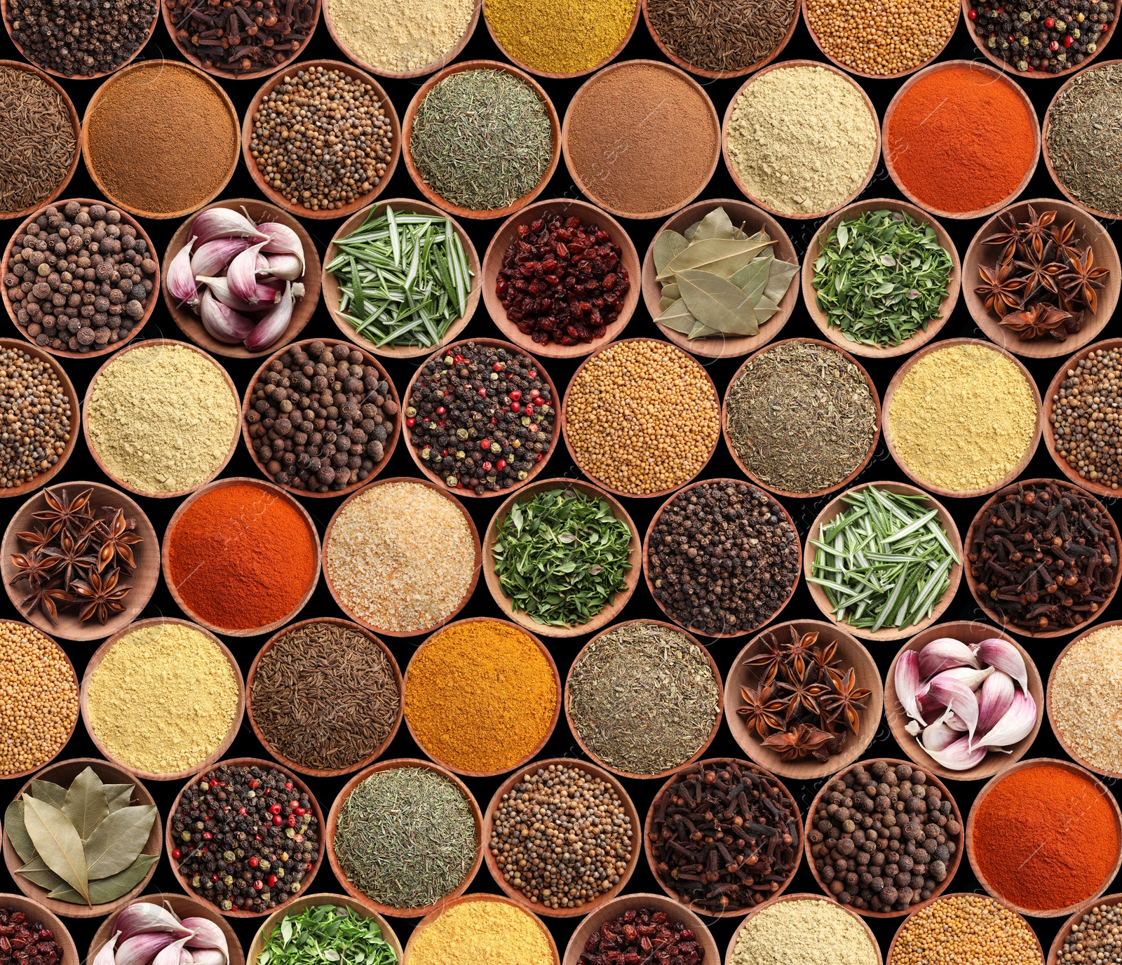 Image of Collection of different aromatic spices and herbs on black background, flat lay