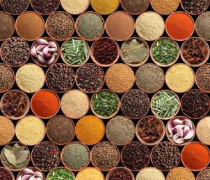 Image of Collection of different aromatic spices and herbs on black background, flat lay