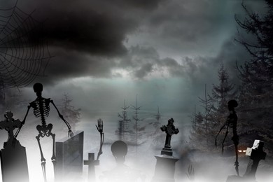 Scary skeletons at misty cemetery in night