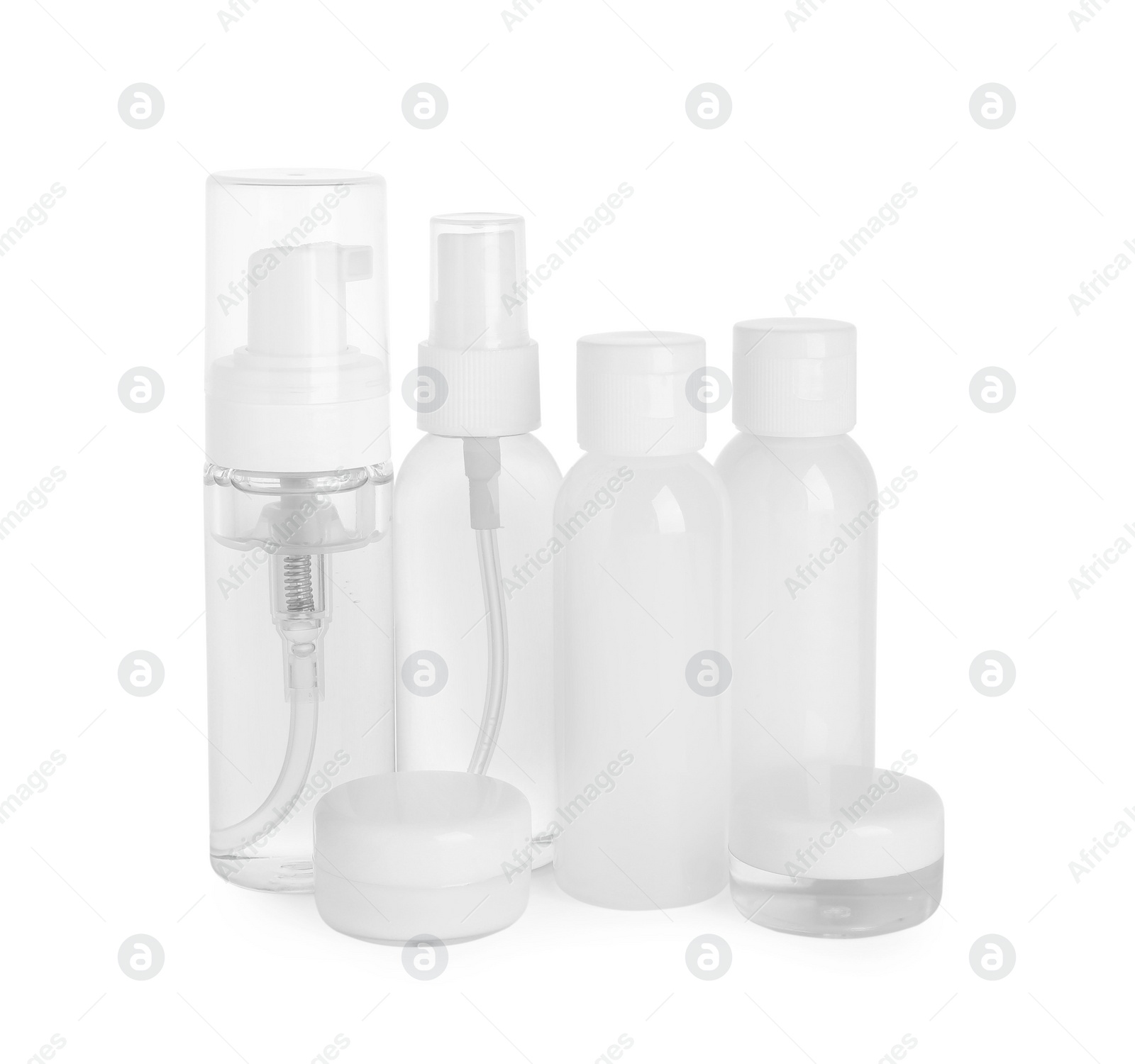Photo of Cosmetic travel kit isolated on white. Bath accessories
