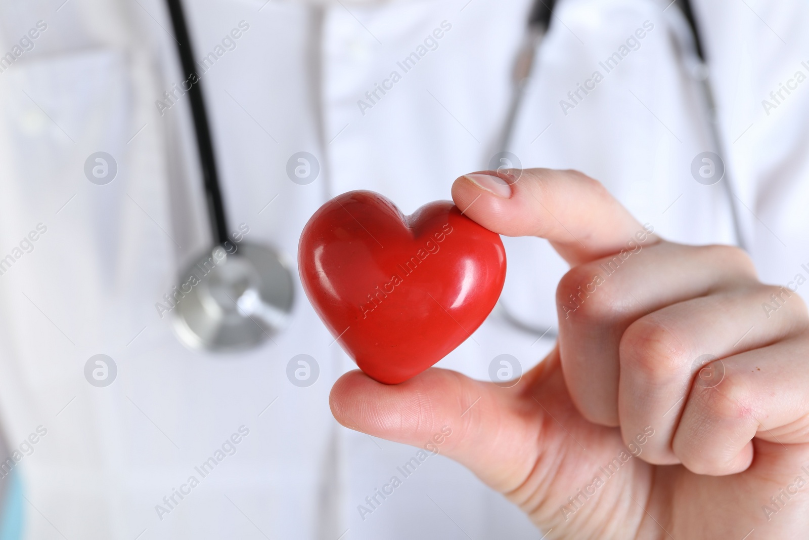 Photo of Doctor with red decorative heart, closeup view