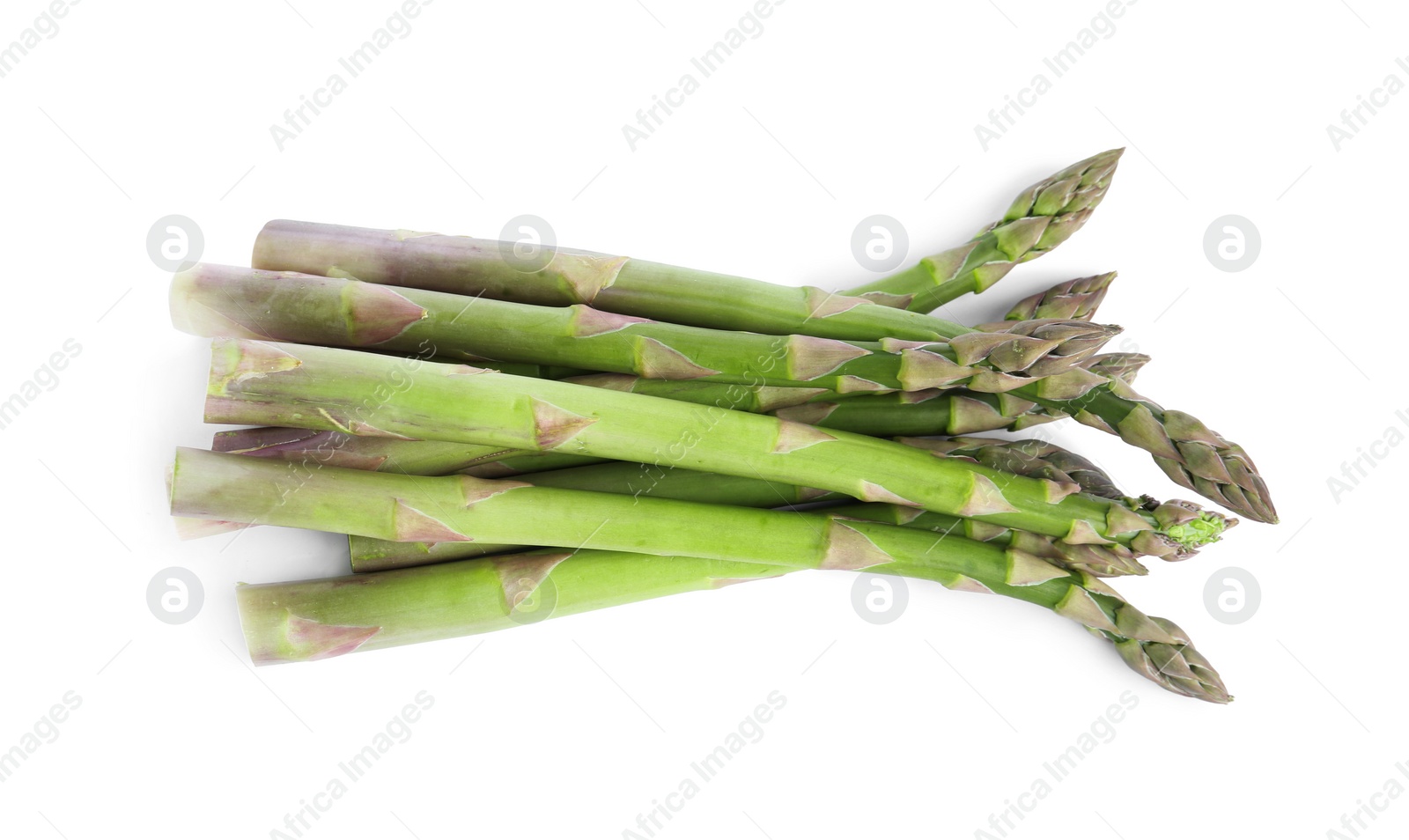 Photo of Fresh raw asparagus isolated on white, top view. Healthy eating