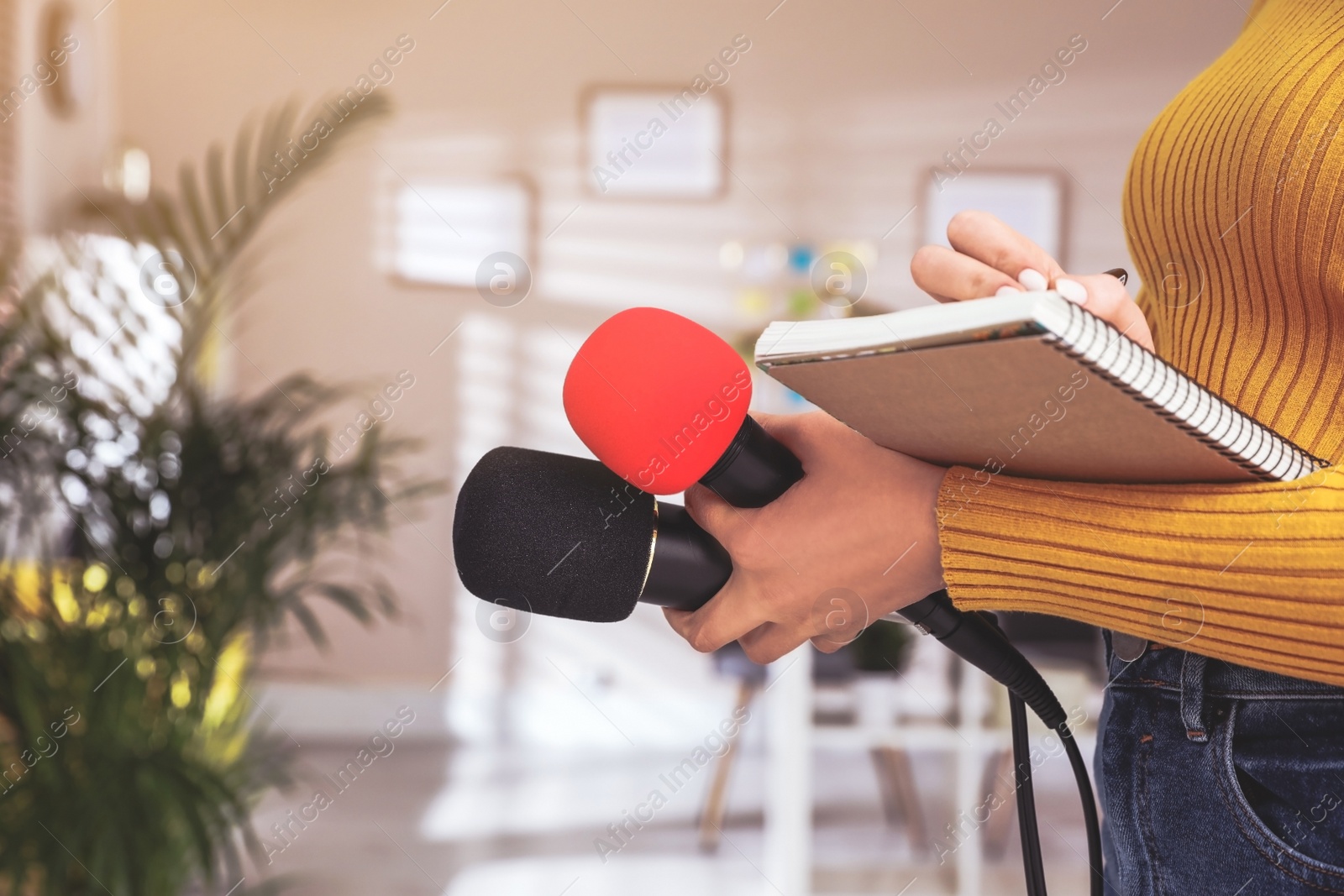 Image of Professional journalist with microphones taking notes indoors, closeup