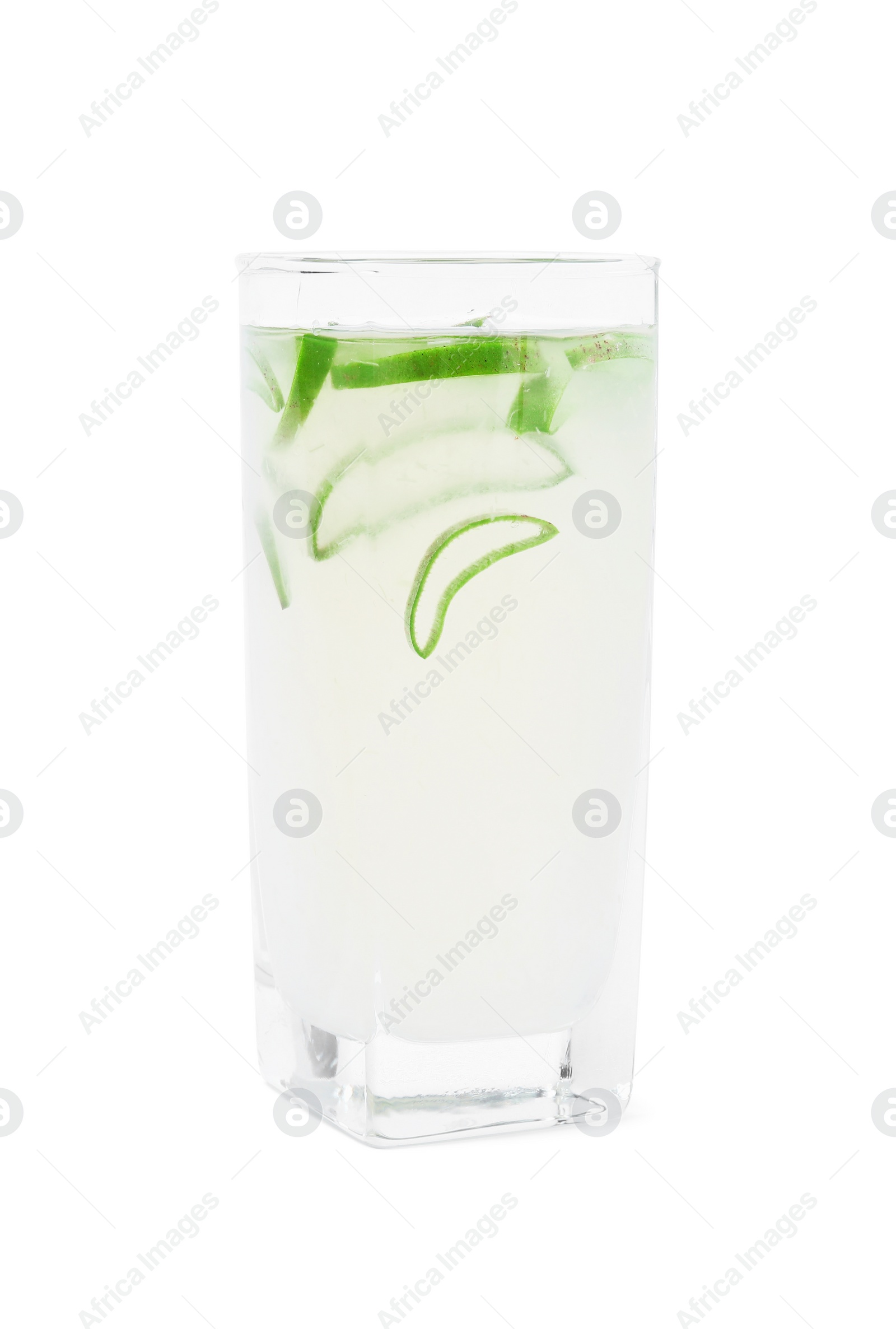 Photo of Fresh aloe juice in glass isolated on white