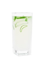 Photo of Fresh aloe juice in glass isolated on white