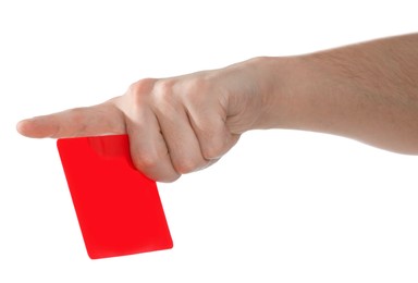 Referee holding red card and pointing on white background, closeup