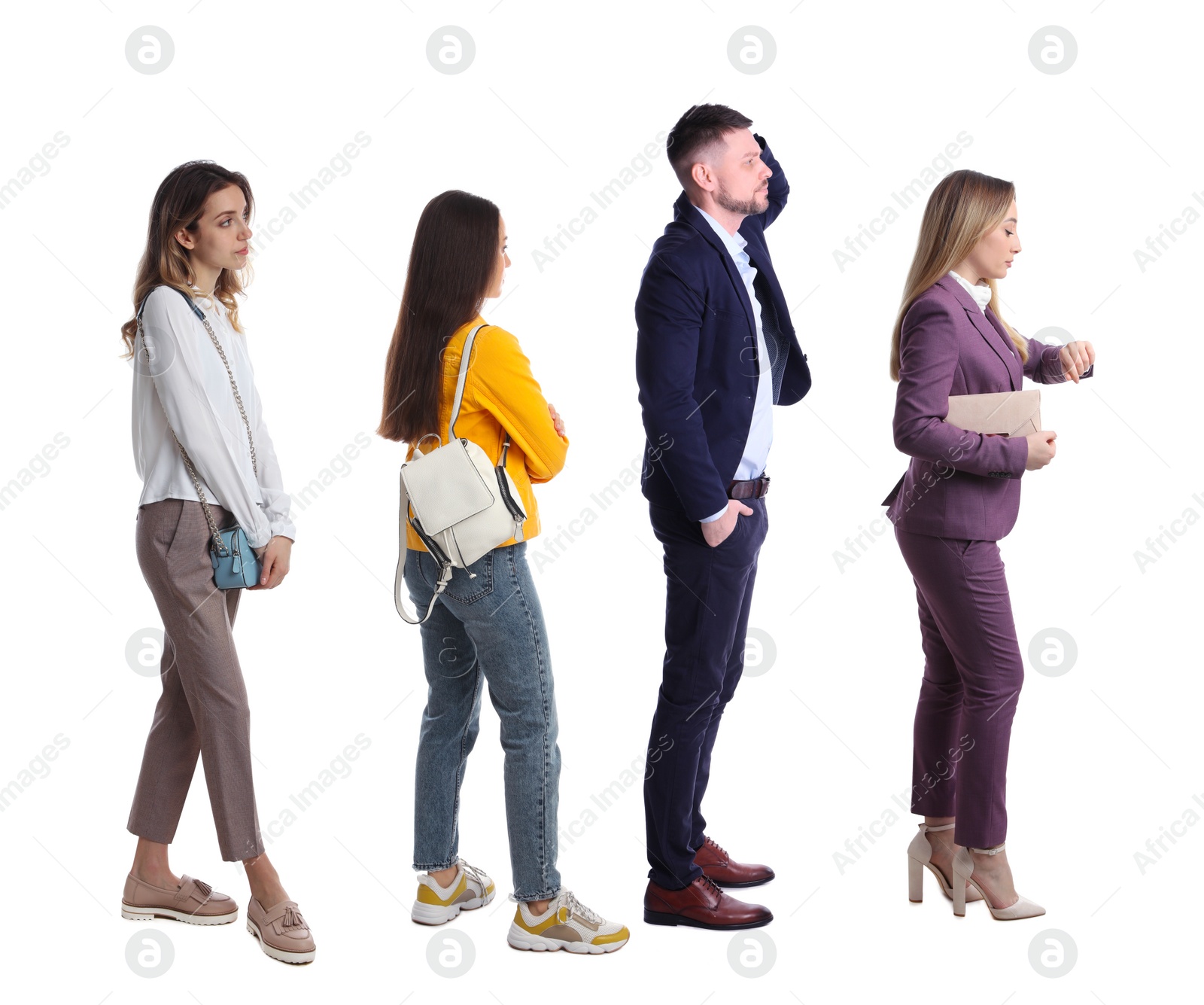 Image of People waiting in queue on white background