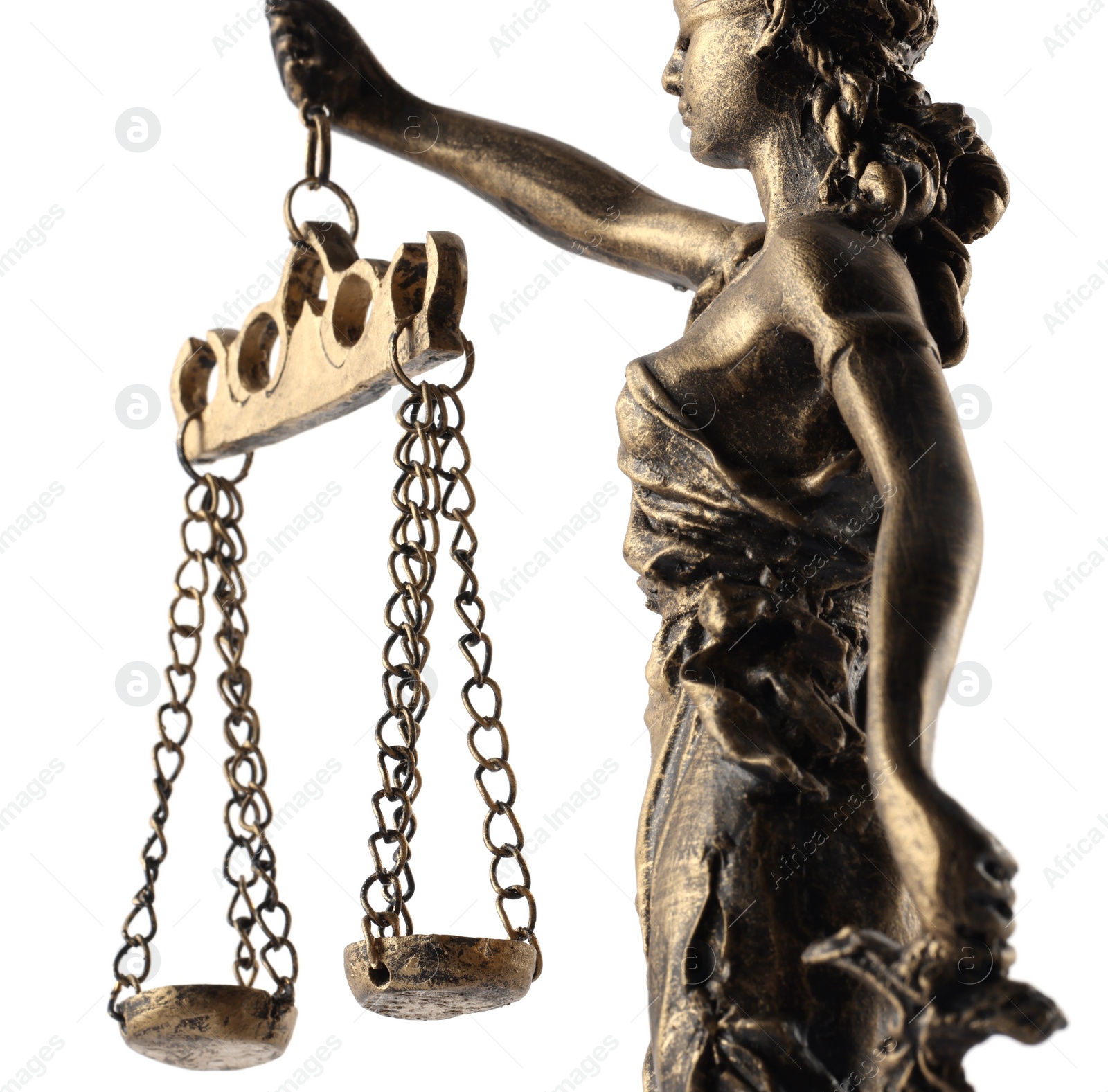 Photo of Statue of Lady Justice isolated on white, side view. Symbol of fair treatment under law