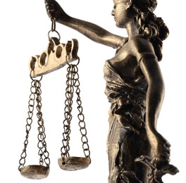 Statue of Lady Justice isolated on white, side view. Symbol of fair treatment under law