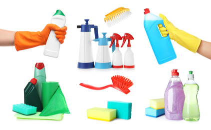 Image of Collage with photos of people holding cleaning supplies on white background, closeup