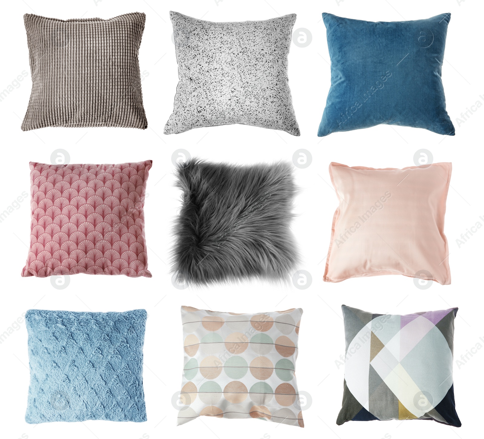 Image of Set with different stylish decorative pillows on white background