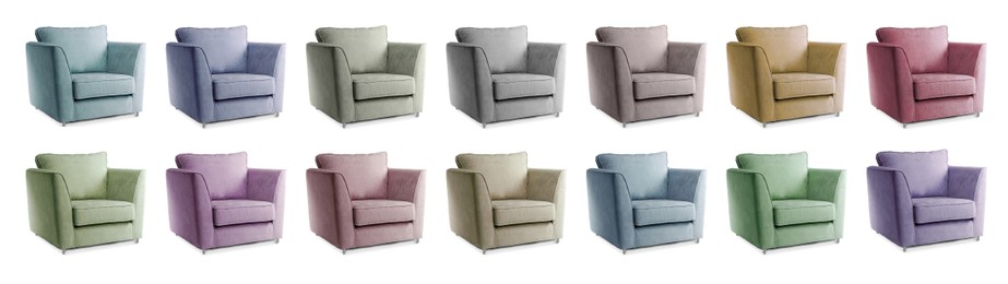 Image of Different colorful armchairs isolated on white, set