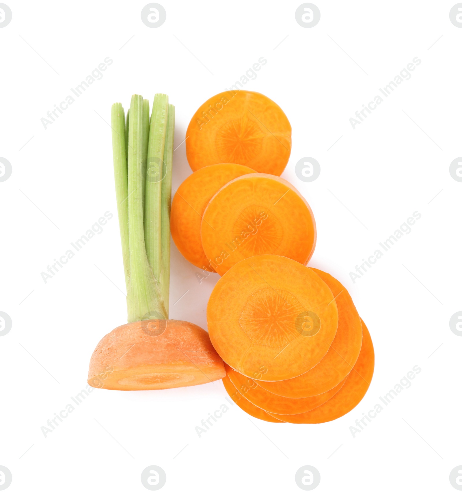 Photo of Slices of fresh ripe carrot isolated on white, top view