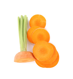 Photo of Slices of fresh ripe carrot isolated on white, top view