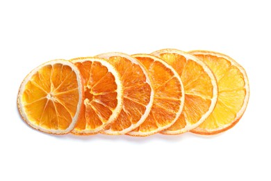 Photo of Delicious dry orange slices on white background, top view