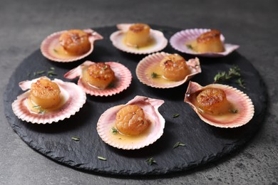 Photo of Delicious fried scallops in shells on grey table, closeup