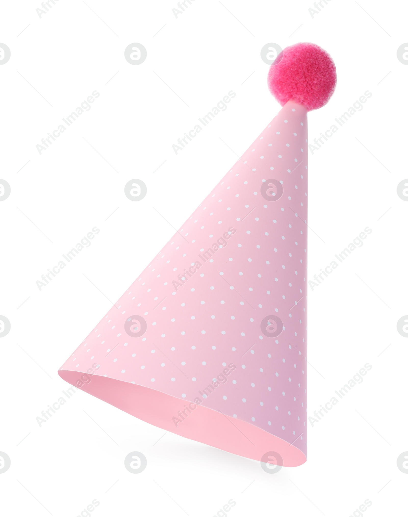 Photo of One pink party hat with pompom isolated on white