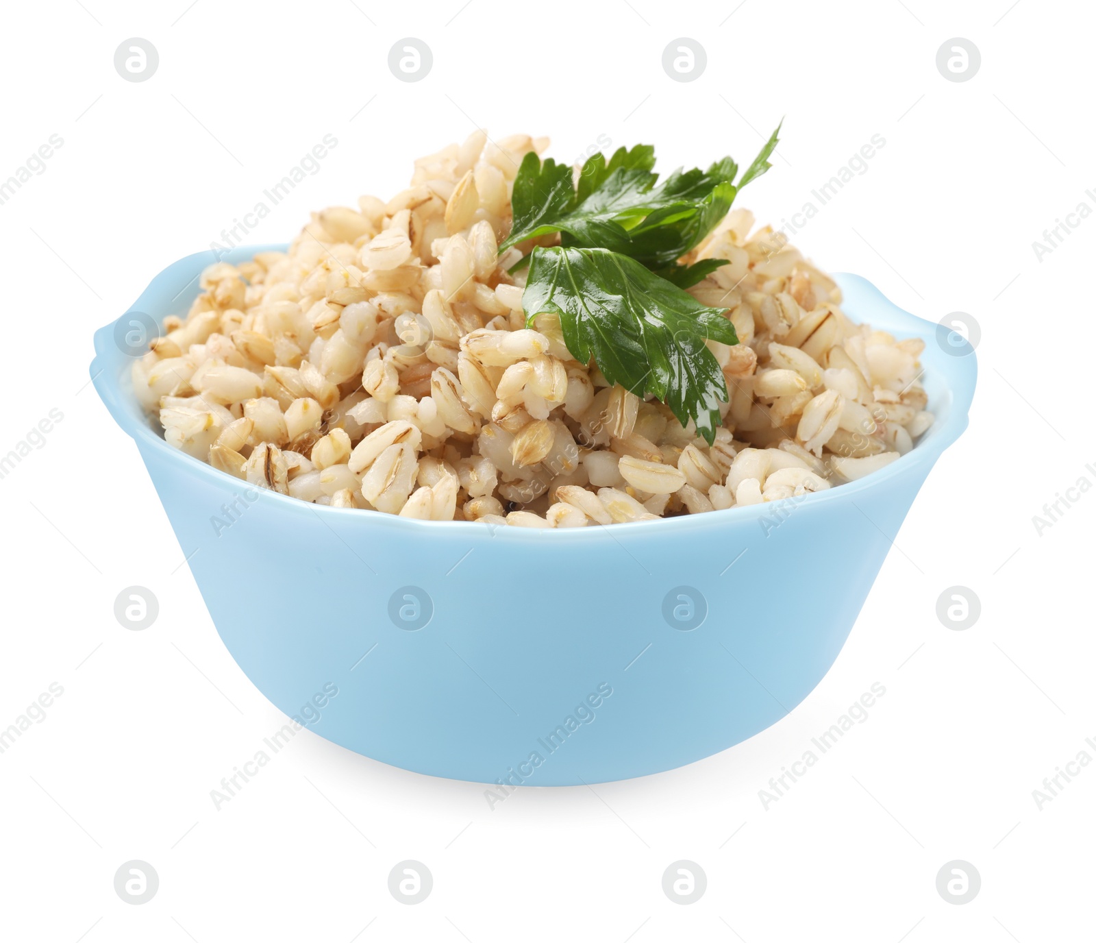 Photo of Delicious pearl barley with parsley in bowl isolated on white