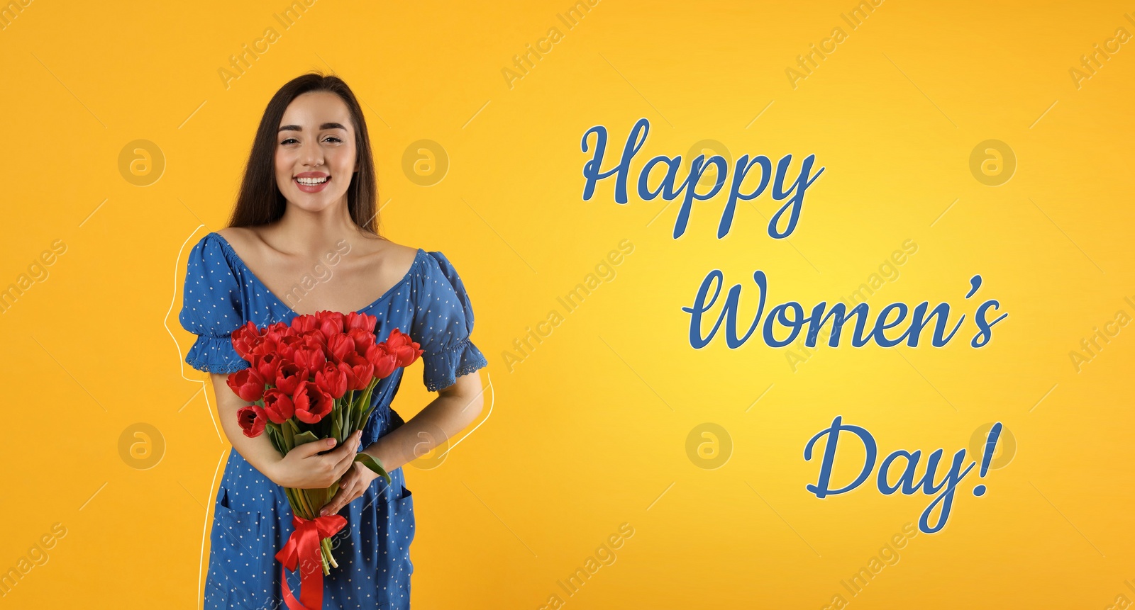 Image of Happy Women's Day, Charming lady holding bouquet of beautiful flowers on golden background