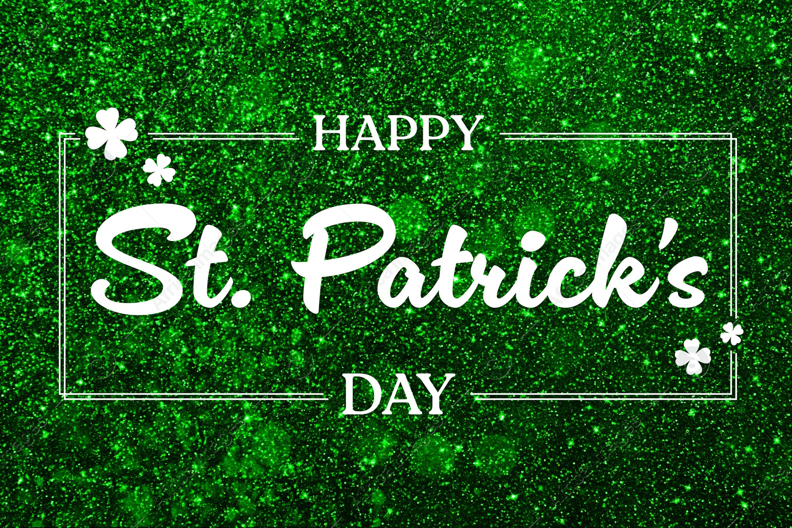 Image of Happy St. Patrick's day card. White text and clover leaf illustrations on shiny green glitter, bokeh effect