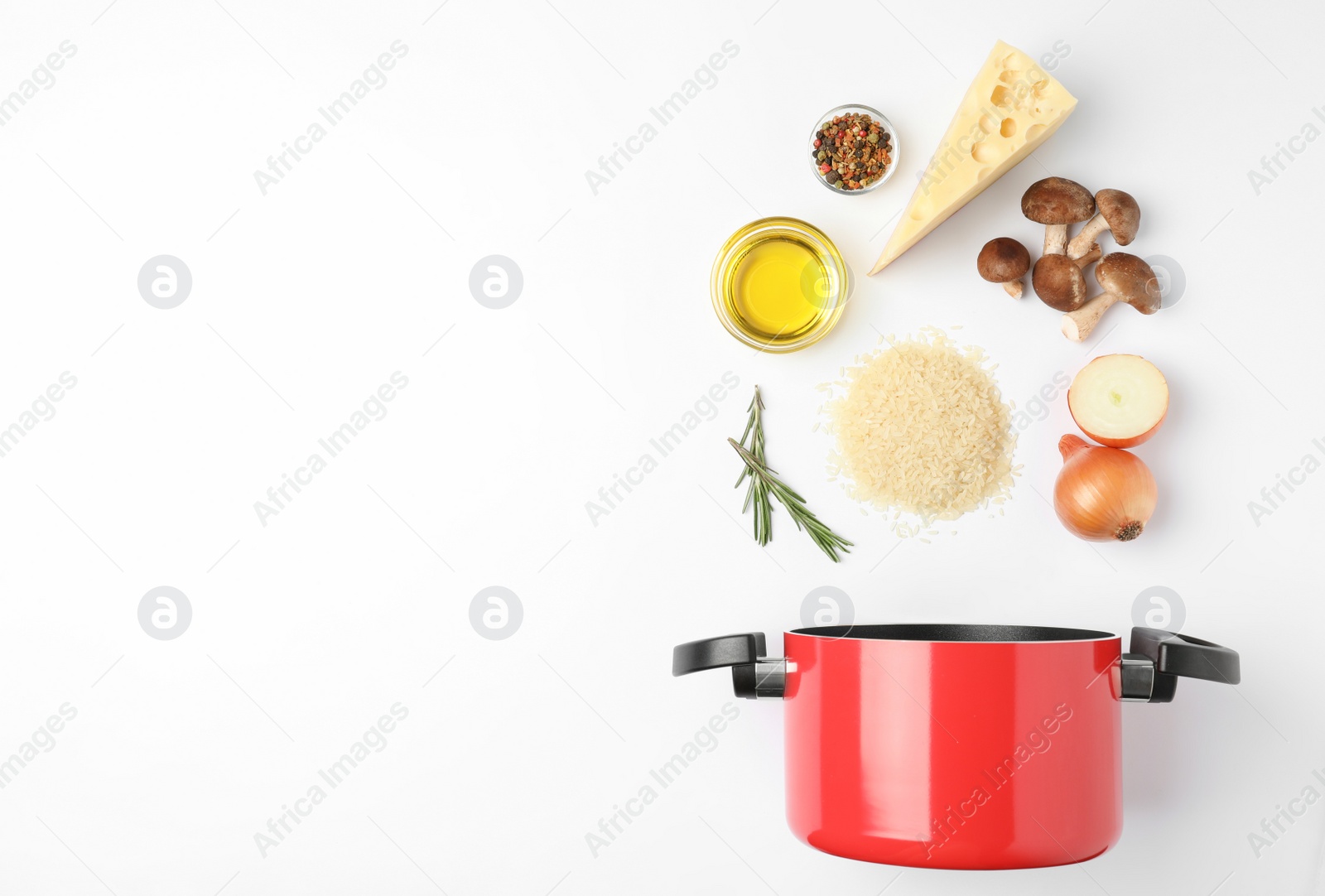 Photo of Different ingredients on white background, top view. Risotto recipe