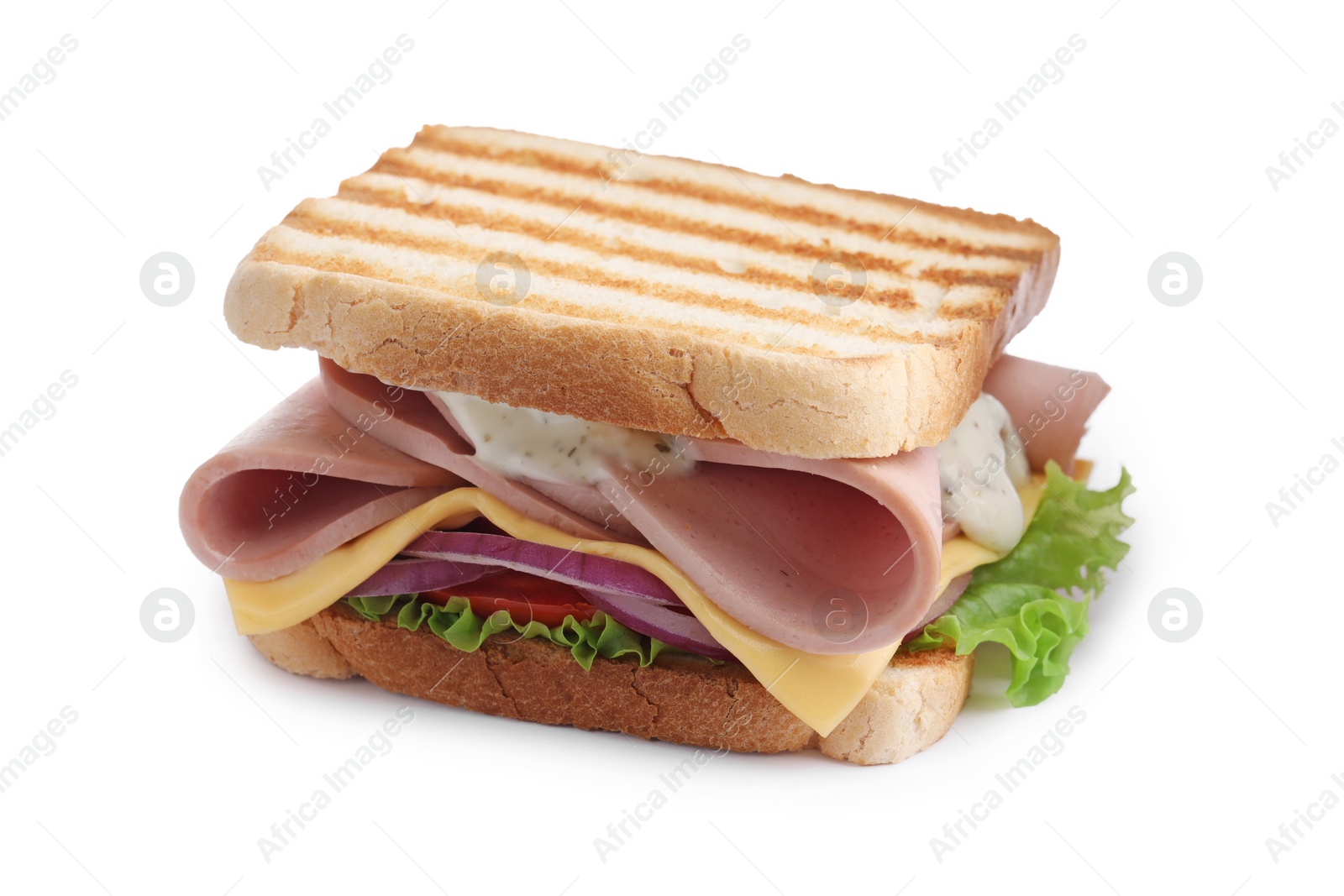 Photo of Delicious sandwich with boiled sausage, cheese and onion isolated on white