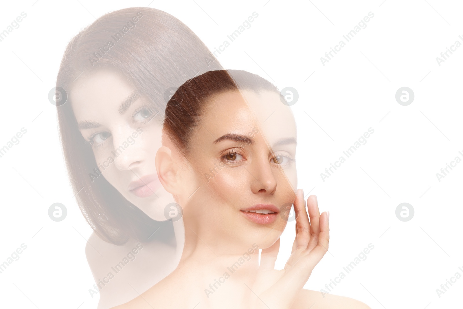 Image of Double exposure of beautiful women on white background