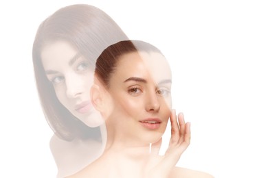 Image of Double exposure of beautiful women on white background