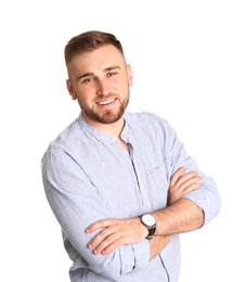 Portrait of handsome happy man on white background