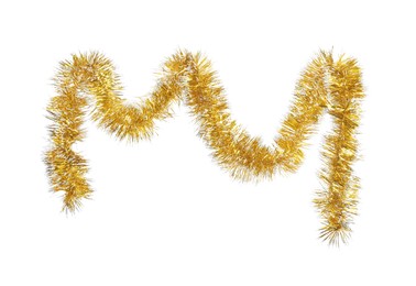 Photo of Shiny golden tinsel isolated on white. Christmas decoration