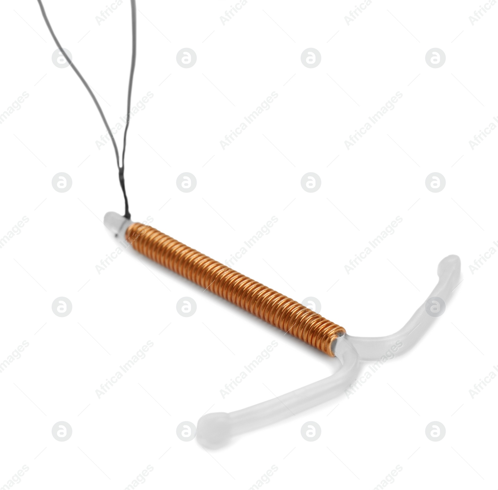 Photo of T-shaped intrauterine birth control device on white background