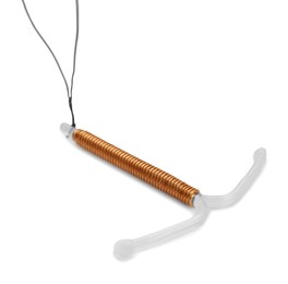 Photo of T-shaped intrauterine birth control device on white background